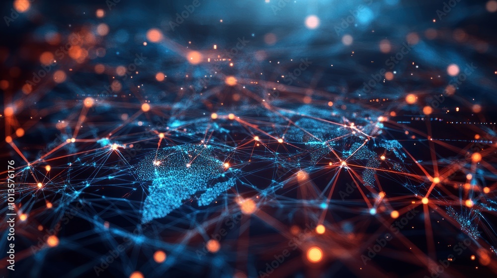 Poster a digital representation of a global network with interconnected nodes and data flow.