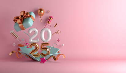 Happy new year 2025 decoration background with opened gift box, balloon number, firework rocket, copy space text, 3D rendering illustration