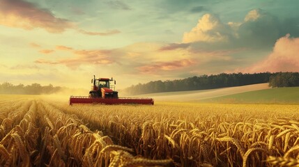 Fototapeta premium Tractor Harvesting Wheat Field at Sunset