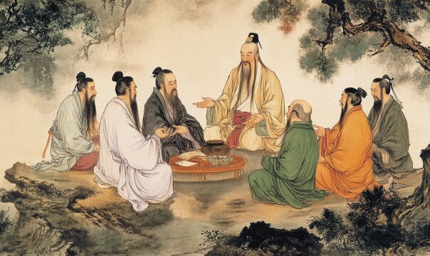 Seven men in robes gather around a table.