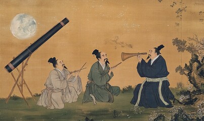 Three men observe the moon with telescope.
