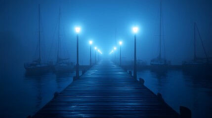 Obraz premium A misty night scene at a marina includes dim streetlights illuminating a wooden dock and silhouettes of sailboats, creating a serene and moody atmosphere with calming reflections.