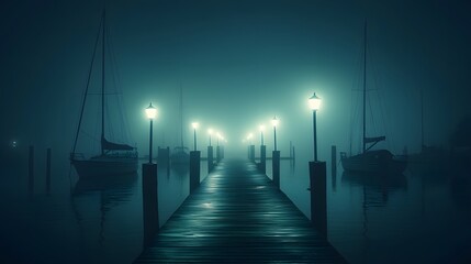 Obraz premium A misty night scene at a marina includes dim streetlights illuminating a wooden dock and silhouettes of sailboats, creating a serene and moody atmosphere with calming reflections.