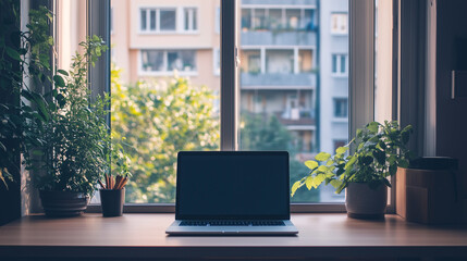 Fototapeta premium Laptop placed against a large window, with a clean desk in front. The natural light fills the room, accentuating the minimalist theme