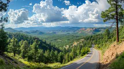 Obraz premium Scenic overlook with a road winding through pine forest below, panoramic beauty