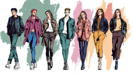 Fototapeta premium Diverse Group of Young Fashion Models Walking in Stylish Outfits