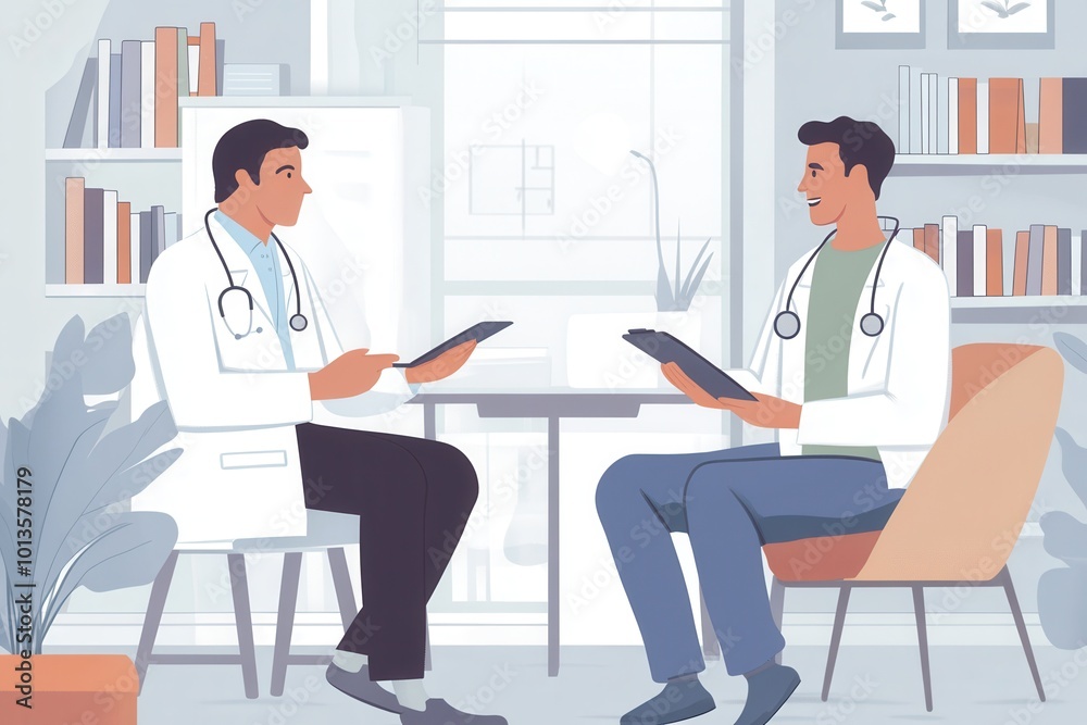 Poster a doctor explains a diagnosis to a patient in a well-lit consultation room, fostering clear communic