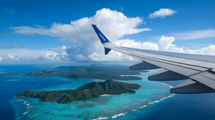 Fototapeta premium Airplane Wing Over Beautiful Tropical Landscape