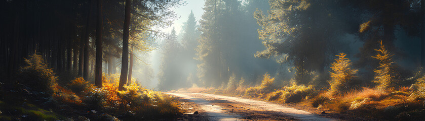Snow-covered road in pine forest, serene winter wonderland scene