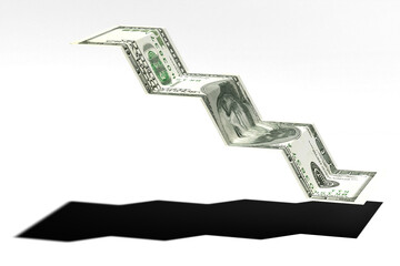 A 100 dollar bill being folded like a graph bar - concept for inflation or price hikes or devaluation of the dollar - sharp shadow, illustration style. Transparent background