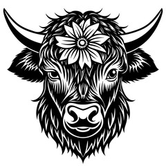 Hand drawn vector illustration of a cute yak face in a flower crown, with lettering quote Spring Is Here. Isolated objects on white. Scandinavian style flat design.