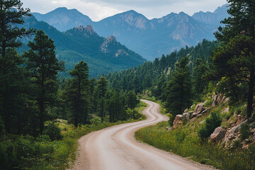 Winding road in mountainous pine forest, rugged and challenging