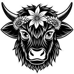 Hand drawn vector illustration of a cute yak face in a flower crown, with lettering quote Spring Is Here. Isolated objects on white. Scandinavian style flat design.