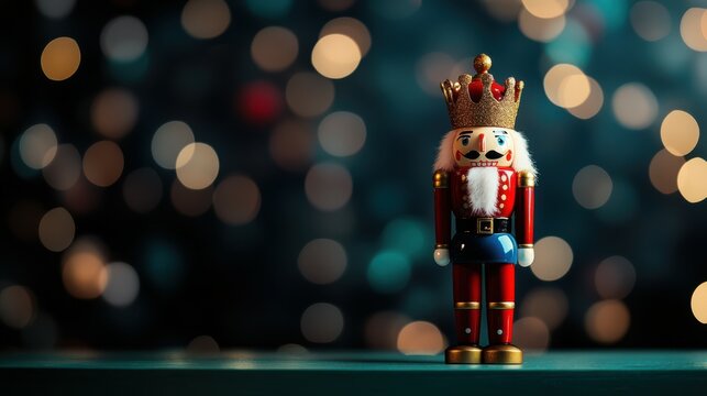 Festive nutcracker figurine standing on a mint table, with a deep navy background and holiday bokeh, copy space, Merry Christmas background, traditional holiday decor, festive nutcracker display