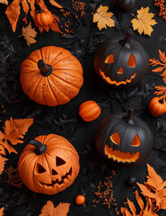 A Halloween pumpkins pattern, black background.Flat lay.Minimal crestive food and Halloween holiday concept.	
