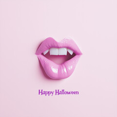 A text "Happy Halloween" featuring vampire lips on a pastel pink background.Minimal creative holiday concept.Copy space,flat lay