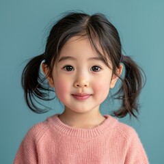 Adorable Asian toddler girl with black ponytails in pink sweater