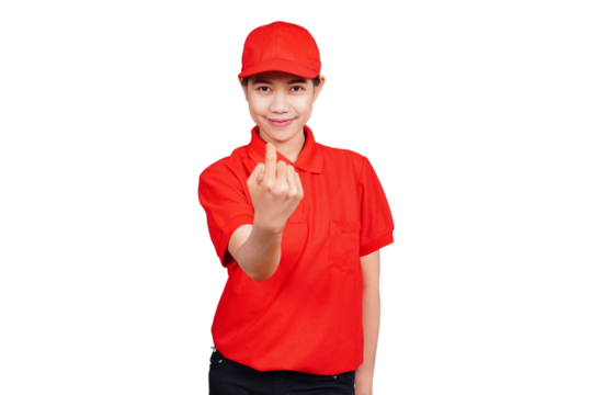 Smiling asian delivery courier woman showing beckoning hand gesture isolated transparent