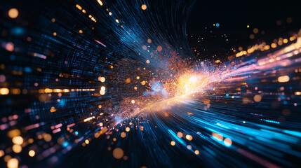Obraz premium Futuristic data flow. Explosion effect. Sci-fi Motion wallpaper. Neon Glowing Rays in Motion. Hyper Speed Space Travel Concept.