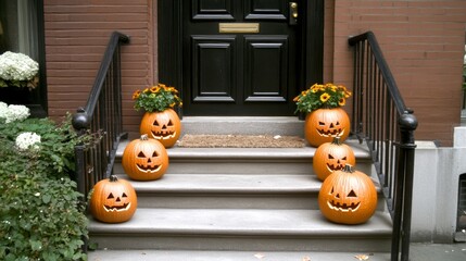 Halloween block party in an American city pumpkins glowing on apartment stoops