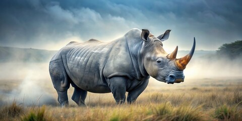 Obraz premium A majestic black and white rhinoceros stands tall in a misty savannah, its rough gray skin and powerful horn a testament to its ancient strength.