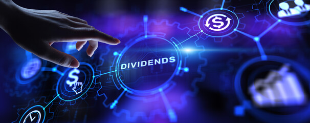 Dividends button on virtual screen. Return on Investment ROI financial business wealth concept.