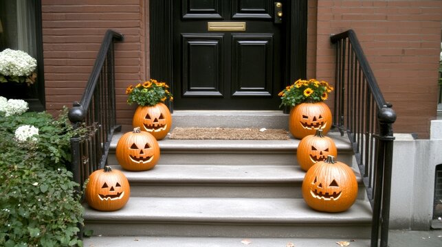 Halloween block party in an American city pumpkins glowing on apartment stoops