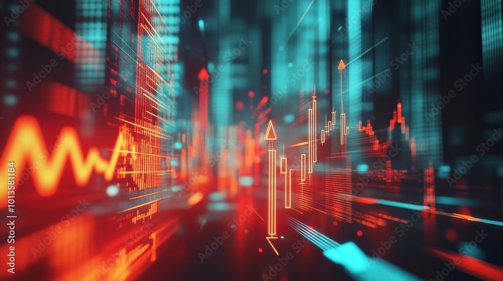 Poster abstract digital visualization of financial data with vibrant colors and dynamic lines.