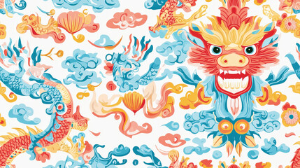 Fototapeta premium Seamless pattern with traditional dragon motifs and vibrant colors