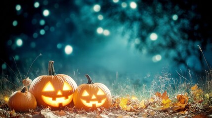 Fototapeta premium Halloween circus under a big top tent in an American field glowing pumpkins as circus props