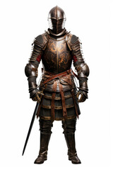 Obraz premium Full body shot of a medieval knight in armor with a sword on a white background