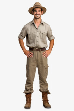 Friendly male zookeeper standing with a smile in full-body shot, wearing zookeeper uniform
