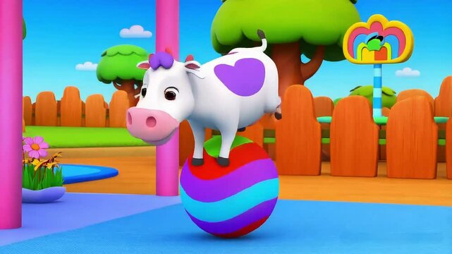 Cartoon cow jumping on a colorful ball