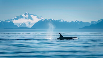 Obraz premium Alaska whale watching boat excursion. Inside Passage Mountain Range landscape luxury travel cruise concept