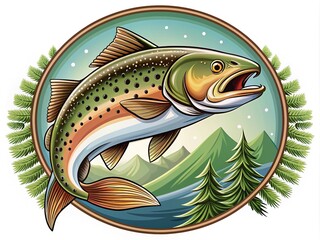 A stylized illustration of a leaping trout surrounded by a circular border, perfect for a fishing brand or outdoor enthusiast's logo or emblem.