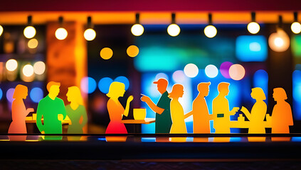 blurred people restaurant bar setting colorful bokeh lights adding festive vibe