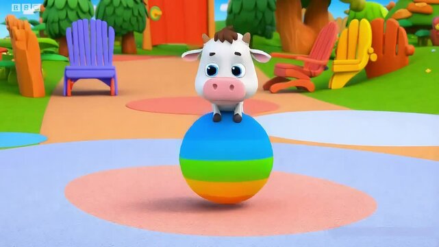 Cartoon calf balancing on a colorful ball