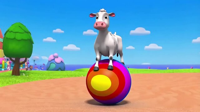 Cartoon cow balancing on a colorful ball in colorful environment
