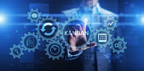 Kanban work flow process management system concept on virtual screen.