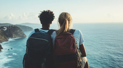 Fototapeta premium Young multiracial couple enjoys breathtaking view by the seaside at sunset in coastal destination