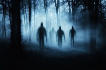A haunted forest with shadowy figures lurking. 