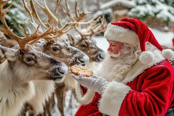 Santa Claus sharing a cookie with his reindeer crew.