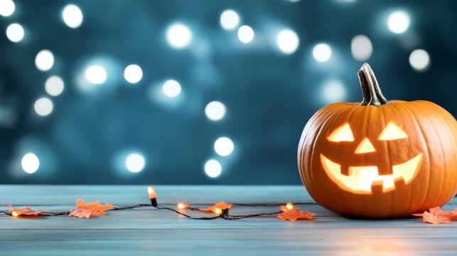 Halloween haunted hiking trail through an American forest glowing pumpkins lighting the way