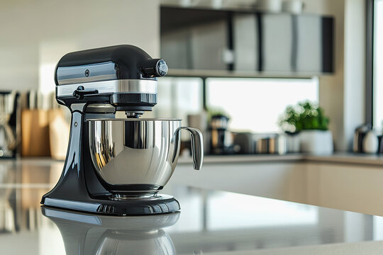 stainless steel stand mixer rests on countertop in kitchen