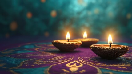 Low angle view, three diyas positioned in a line over a detailed purple and teal rangoli, glowing softly against a deep gold backdrop, copy space, happy Diwali background, traditional, Indian festival