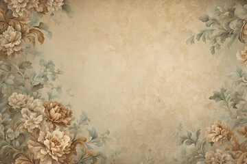 Faded vintage wallpaper wall background with intricate floral patterns in muted tones