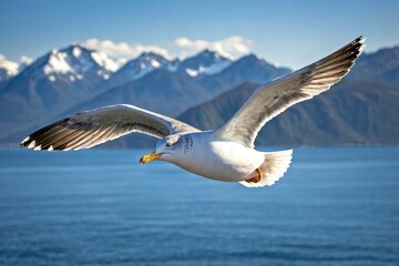 Obraz premium Seagull in Flight with a Mountain Range and Ocean Below