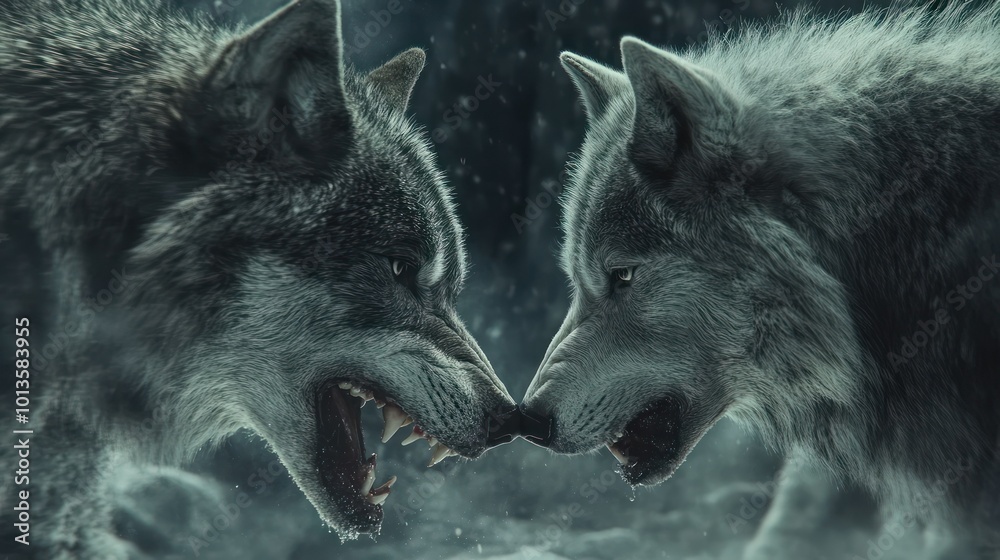 Poster Two Wolves Facing Each Other with Bared Teeth in a Snowy Forest