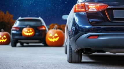 Halloween night at an American drive-in movie theater carved pumpkins on car hoods