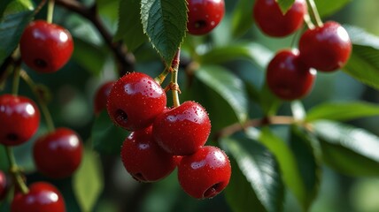 Obraz premium realistic illustration of red cherries on a tree ready to be picked